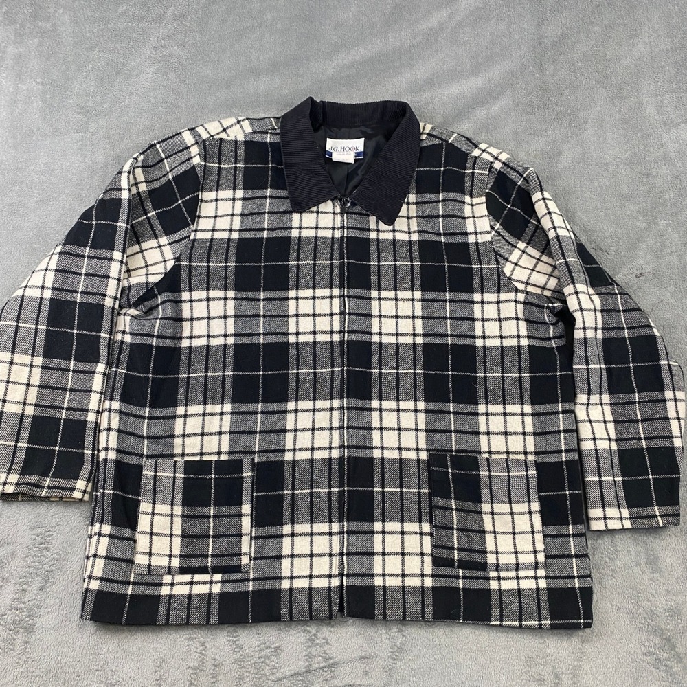JG HOOK CASUALS Plaid Zip Up Jacket Wool Blend BlackWhite Corduroy Collar 2X VTG